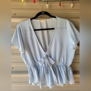 Altar'd State Light Blue & White Checkered Gingham Style Tie-Front Blouse